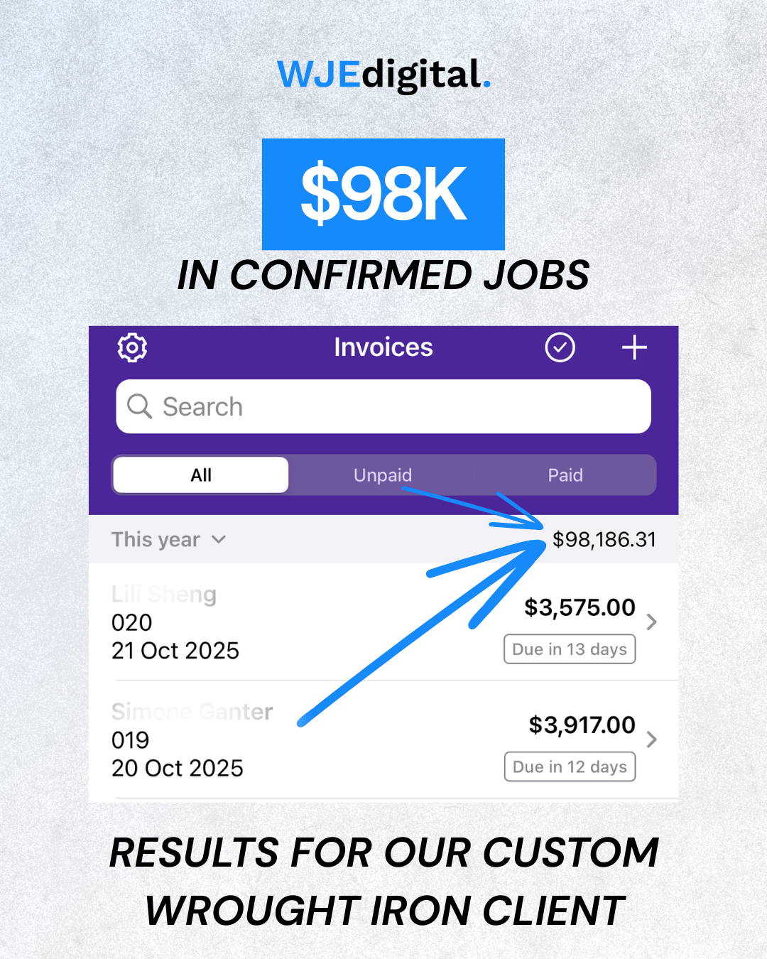 Legacy Wrought Iron billing account showing $98K in confirmed jobs