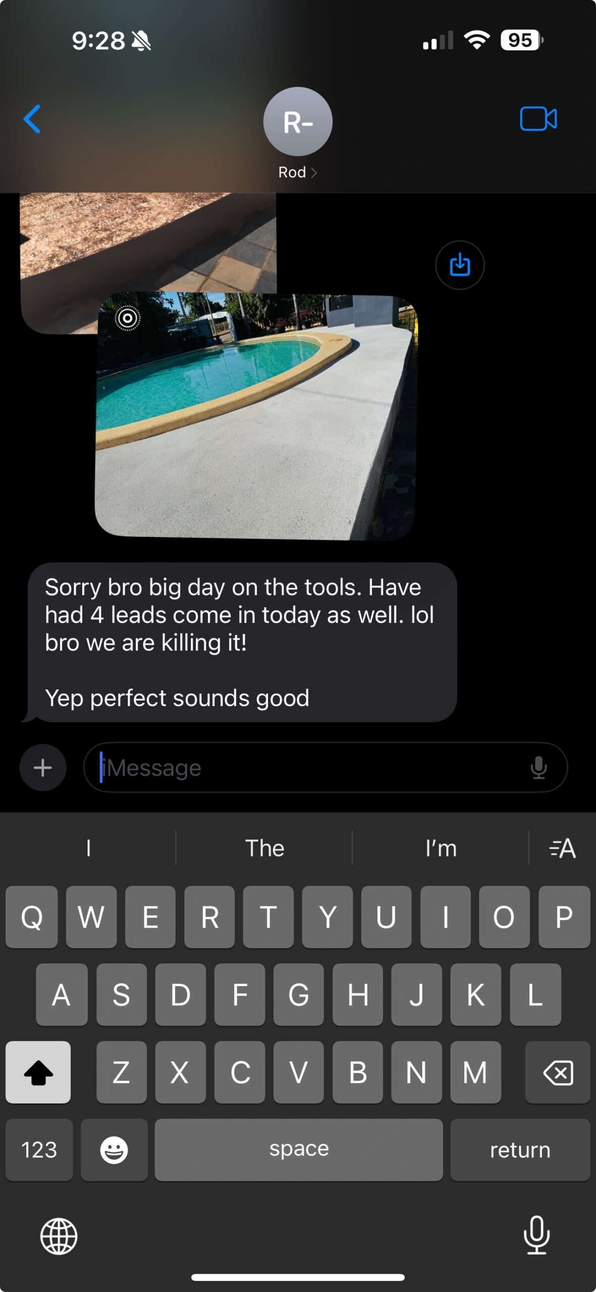 Text message from Rod - June 2025: 4 leads today, killing it, did 2 jobs today, game changer