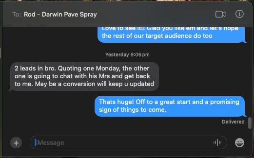 Text message from Rod - May 2025: First leads coming in, quoting Monday