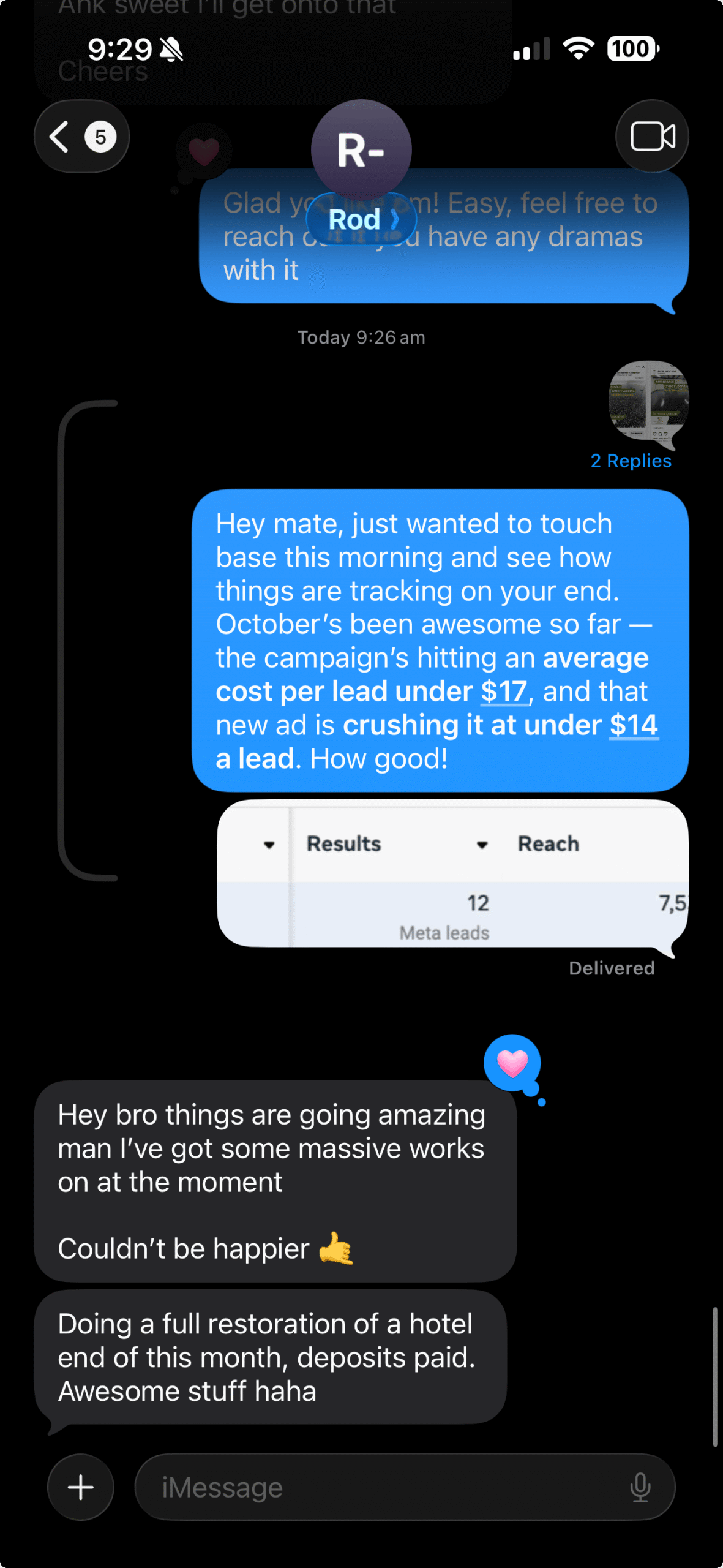 Text message from Rod - October 2025: Things are going amazing, massive works, hotel restoration, deposits paid