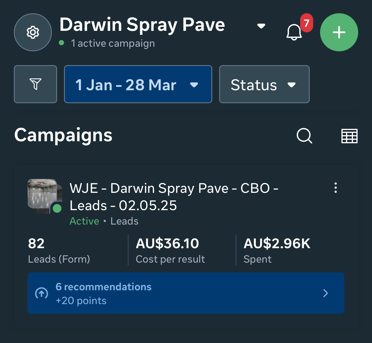 Darwin Spray Pave Meta Ads Q1 2026 results - 82 leads at $36.10 CPL