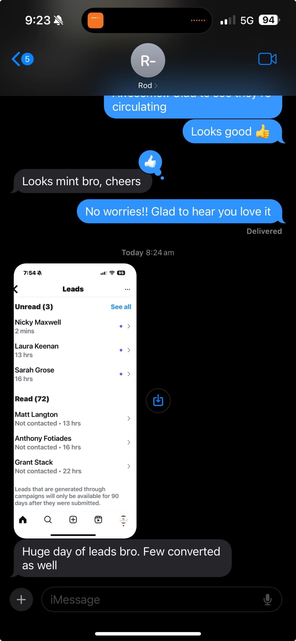 Text message from Rod - August 2025: Huge day of leads, few converted